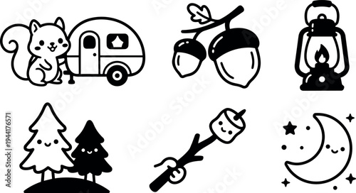 Cute cartoon squirrel next to camper and happy forest trees with acorns tiny lantern and smiling marshmallow on stick with crescent moon and stars