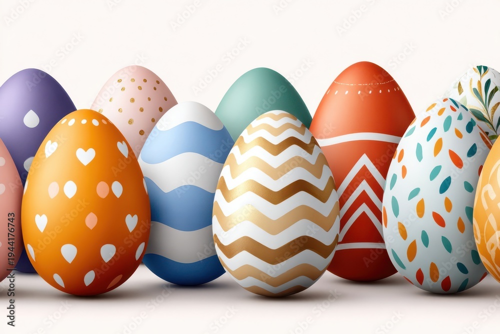 Fototapeta premium Colorful Easter eggs with varied patterns arranged in a cheerful spring row