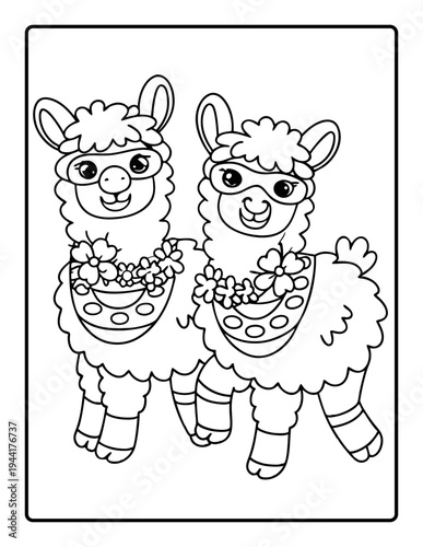 Cute kawaii llamas holding flowers summer coloring page vector illustration flat design