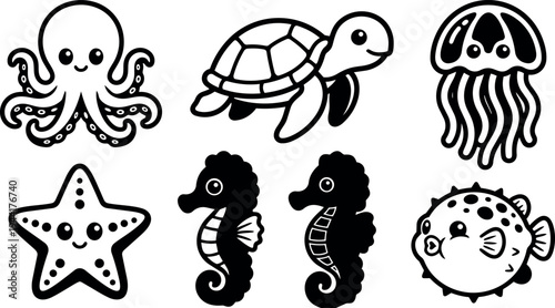 Cute cartoon style underwater animals collection with happy octopus turtle jellyfish starfish seahorses and pufferfish vector art icons