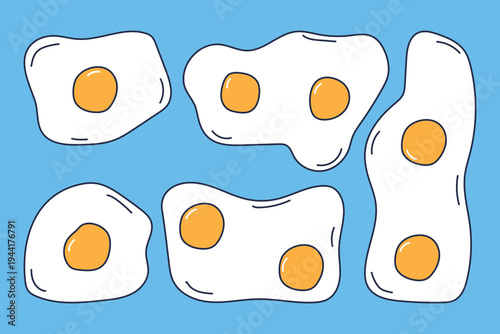 Hand Drawn Fried Eggs Set Elements. Cute Doodle Sunny Side Up Egg Illustrations