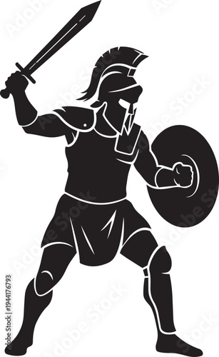 Silhouette of a Warrior in Ancient Armor, Brandishing a Sword and Shield, Ready for Battle