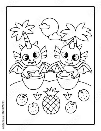 Cute kawaii alien twins eating summer fruits vector illustration flat design coloring page