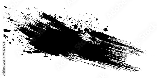 A dynamic black ink splash, with fine splatters and textured brush strokes, creates an abstract, artistic element evoking a sense of raw energy and creativity.