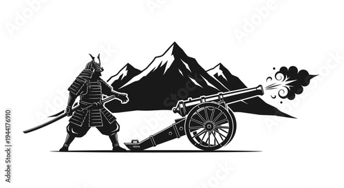 Samurai Warrior Firing a Cannon Against Mountains