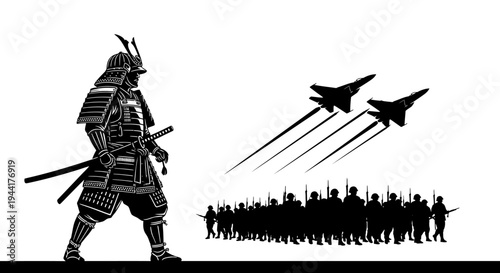 Samurai Warrior Stands Before Modern Military Jets and Soldiers, Symbolizing Past vs Future