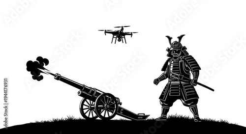 Samurai Warrior with Cannon and Drone - Historical and Modern Warfare Contrast