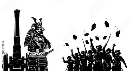 Samurai Warrior with Cannon and Cheering Crowd, Historical Battle Scene