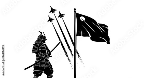 Samurai Warrior, Jets, and Flag: A Fusion of Tradition and Modernity