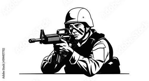 Soldier Aiming Rifle, Military Combat, Tactical Gear, Camouflage Face Paint, Focus