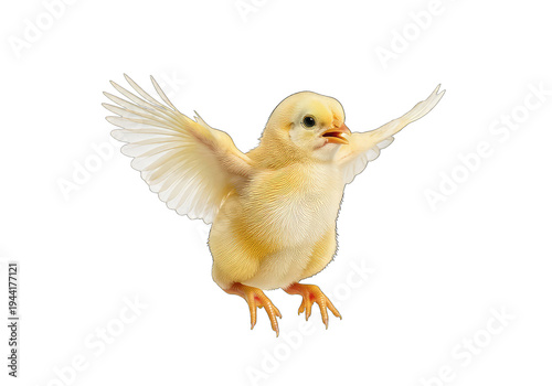 Cute yellow baby chick flapping wings isolated on transparent background