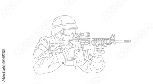 Soldier Aiming Rifle with Red Dot Sight, Military Combat Gear, Focused Warrior