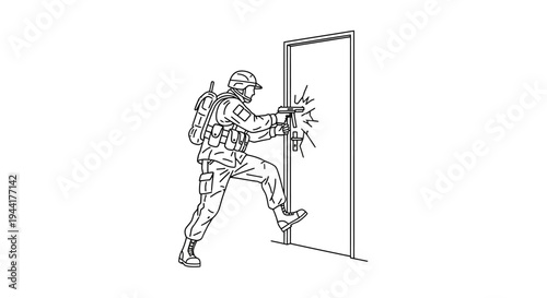 Soldier breaching door with firearm, tactical entry, combat readiness, action scene