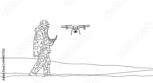 Soldier controlling drone in snowy landscape, military technology, aerial surveillance