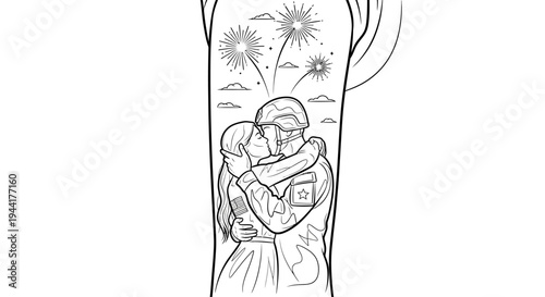 Soldier Embraces Lover Under Fireworks, Reunion, Love, Patriotism