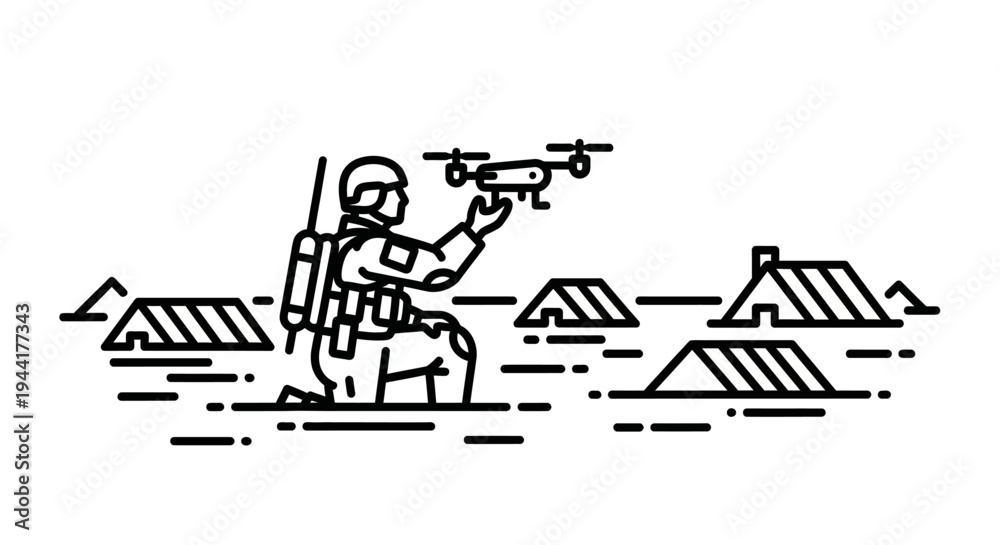 Naklejka premium Soldier operating drone in military camp with tents, surveillance technology concept