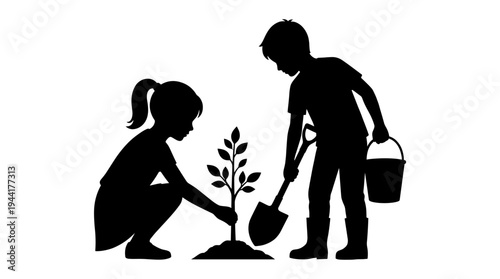 Two children working together to plant a tree. The silhouette style highlights the collaborative effort