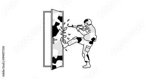 Soldier Kicking Door Open with Gun Ready