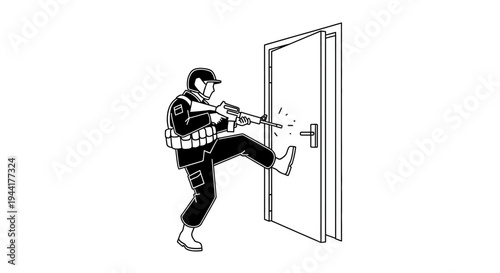 Soldier Kicking Down Door with Rifle, SWAT Team Raid, Action Scene