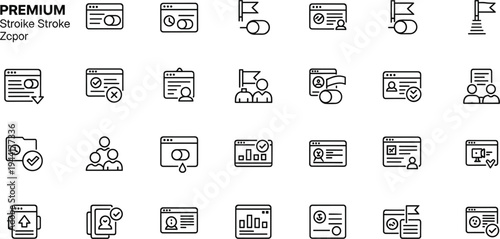 Digital identity verification and account management line icon set featuring user profiles authentication security badges and verification systems