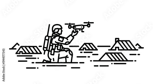 Soldier operating drone in military camp with tents, surveillance technology concept