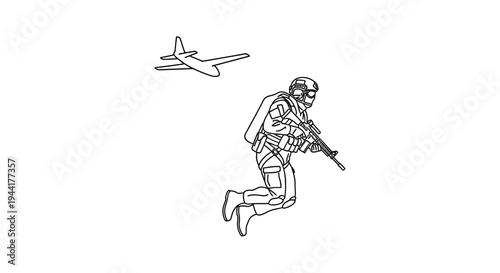 Soldier Parachuting from Airplane with Rifle, Military Airborne Operation
