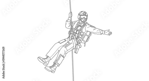 Soldier rappelling down rope, tactical gear, helmet, goggles, military training, action, descent