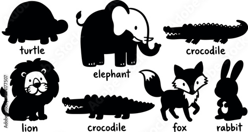 Cute black and white flat design silhouette animal icons including elephant lion crocodile fox rabbit turtle set vector art