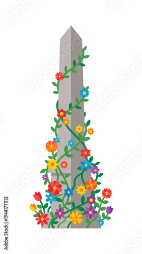 A tall obelisk adorned with colorful flowers and green vines, symbolizing beauty and growth