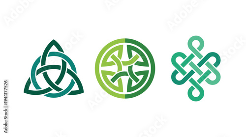 Three unique green Celtic knot designs. Each knot features an intricate interwoven pattern representing eternity and connection