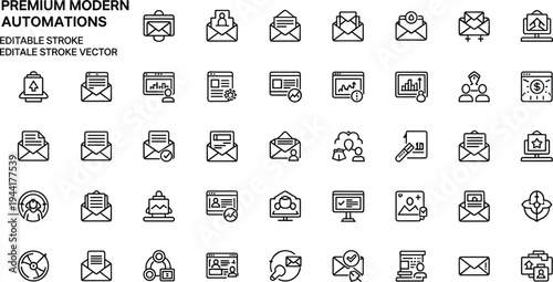 Email automation and digital marketing workflow line icon set featuring messaging campaigns notifications analytics and customer communication tools