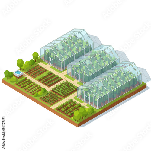 Greenhouse Farm with Multiple Glasshouses and Crops.
