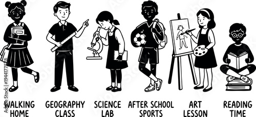 Monochrome vector illustration of diverse children engaged in walking home geography class science lab after school sports art lesson and reading time activities