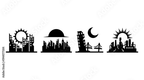 Cityscape silhouettes representing day and night, featuring iconic landmarks and cityscapes