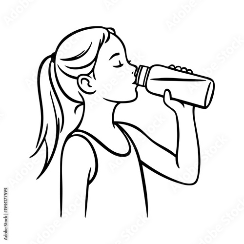 Dibujo sencillo con líneas de una chica joven bebiendo de una botella de plástico 