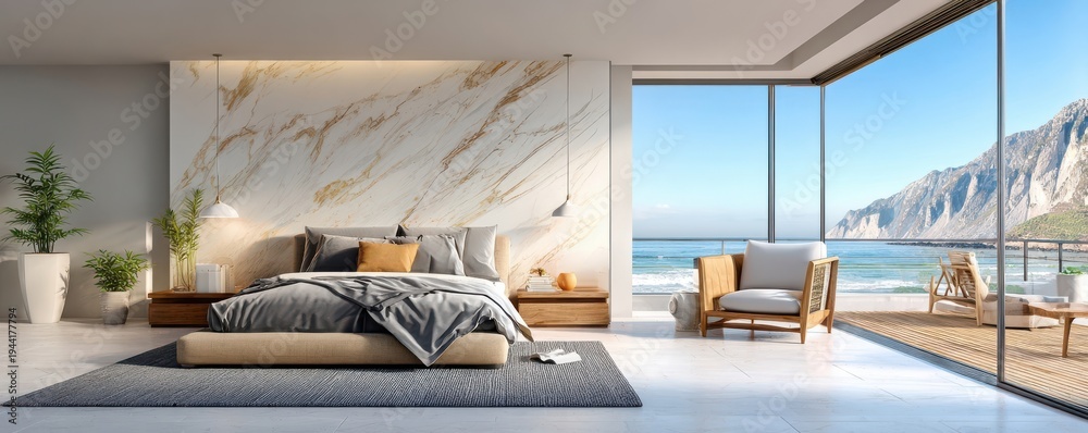 Obraz premium Modern minimalist bedroom with gray bed, marble wall and expansive ocean view balcony
