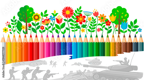 Colorful pencils transform conflict into a vibrant garden filled with flowers and trees. This image symbolizes peace and the beauty that can come from creativity and understanding.