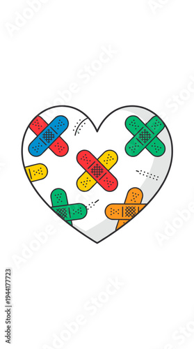 A symbolic representation of healing and care, featuring a heart adorned with colorful adhesive bandages. Each bandage represents a different aspect of mending and recovery