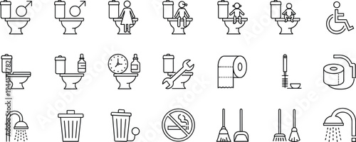 Bathroom toilet hygiene line icons set sanitation cleaning restroom equipment tools accessibility shower trash and maintenance symbols outline vector collection