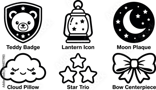 Black and white line art vector set including teddy bear badge lantern icon crescent moon star cloud pillow bow centerpiece cute design