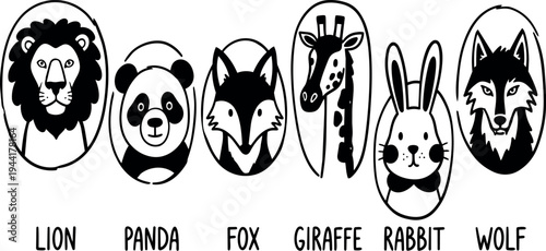 Black and white flat design cute animal faces including lion panda fox giraffe rabbit and wolf in simple oval frames