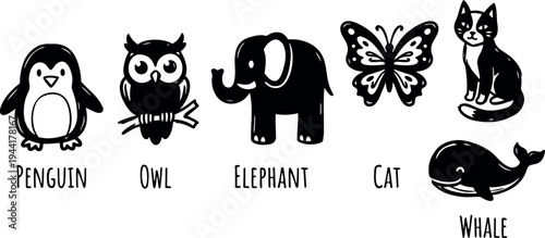 Minimalist black and white vector art set of cartoon penguin owl elephant cat butterfly and whale icons with hand drawn style