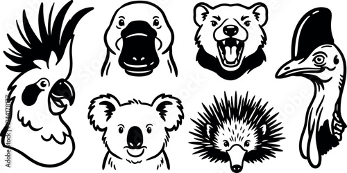 Black and white vector illustration set of australian animals including kookaburra dodo bear koala echidna and cockatoo heads detailed line art style close up