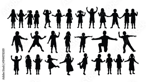 Collection of diverse human silhouettes in various dynamic poses and actions