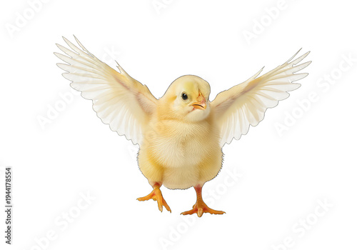 Cute yellow baby chick spreading wings flying isolated on transparent background
