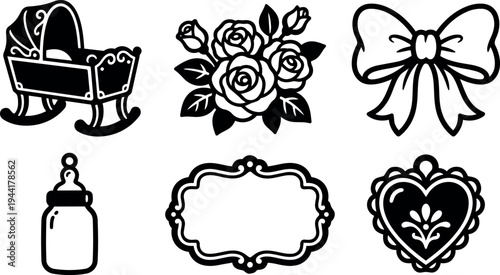 Black silhouette vintage rocking cradle with roses bow baby bottle ornate label and heart icon decorative set