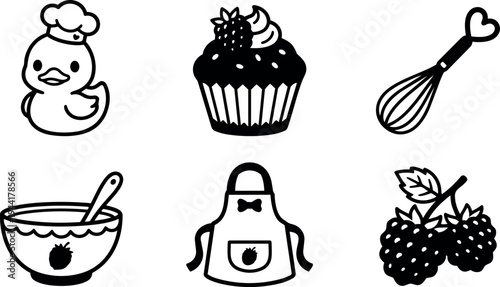 Cute chef duck rubber toy cupcake with strawberry heart whisk bowl with spoon apron and blackberry vector icons set