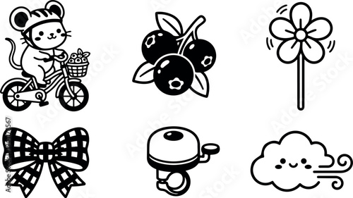 Cute cartoon mouse riding bicycle wearing helmet with basket flowers and assorted playful icons of berries flower bow bell and windy cloud vector art