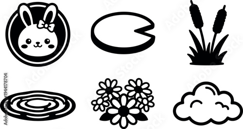 Flat design cute bunny face icon with bow water lily pond cattails flowers and cloud vector set illustration in black silhouette style
