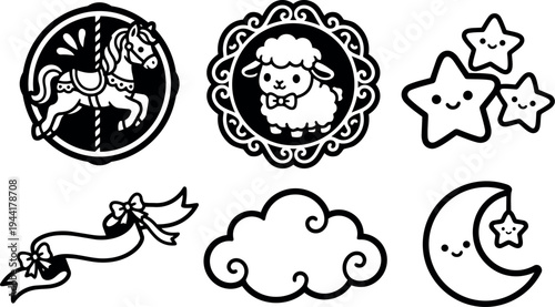 Cute black and white vector icons carousel horse lamb star moon cloud ribbon decorative border